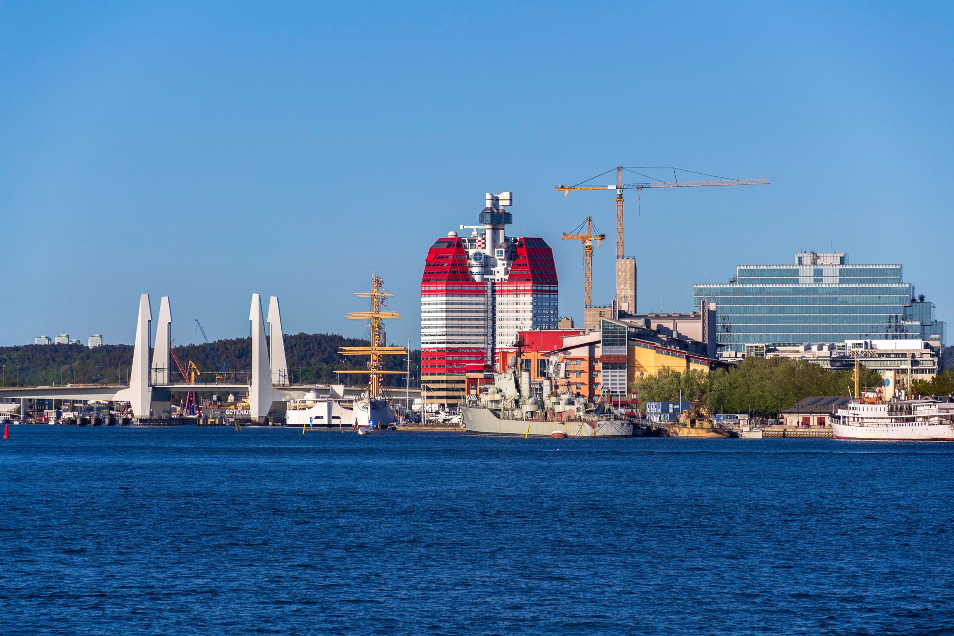 The Lilla Bommen building called Lipstick at harbor on Gota river bank, Gothenburg, Sweden, sunny day