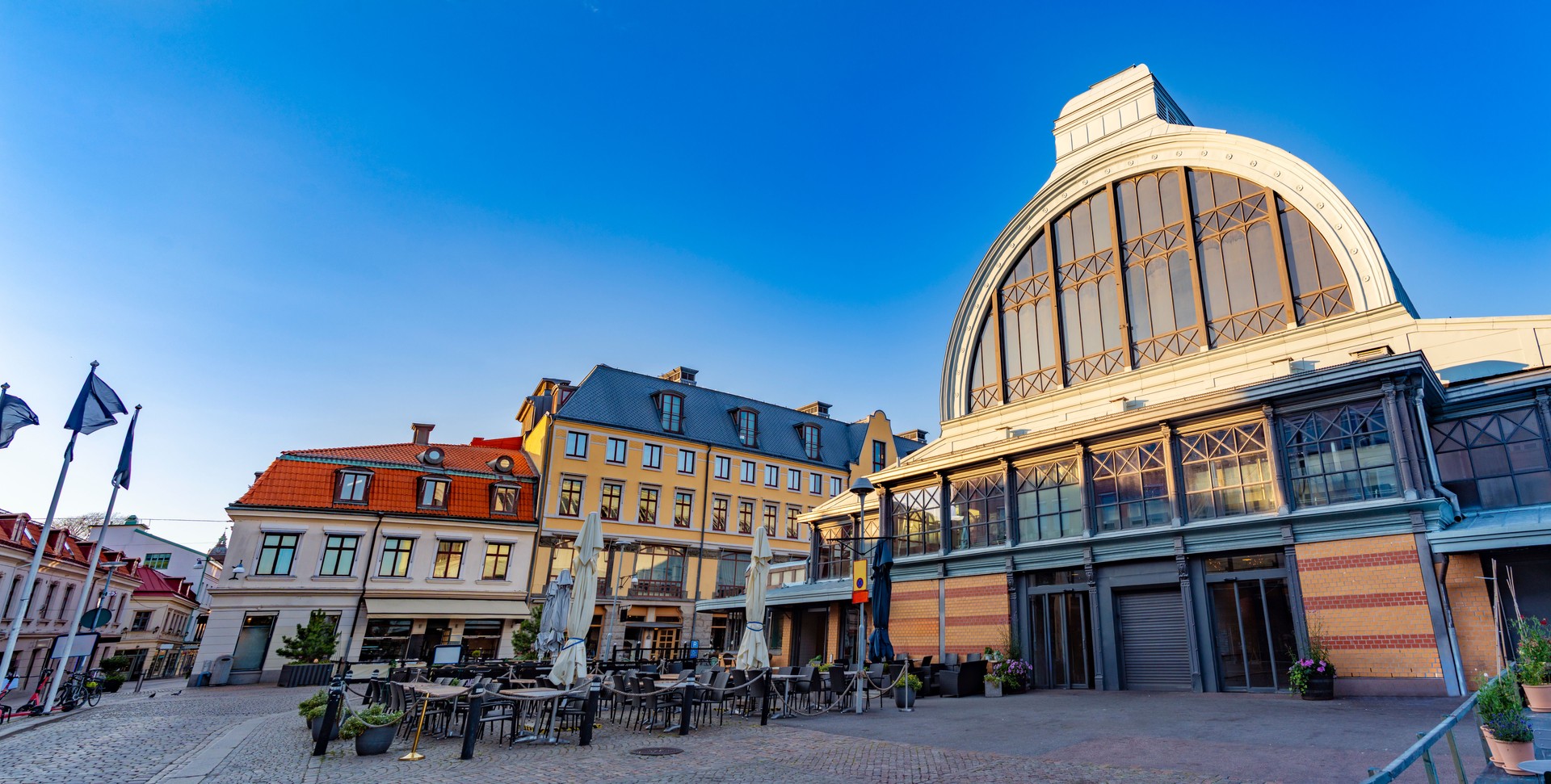 Kungstorget square and Saluhallen Market Hall in Goteborg Sweden